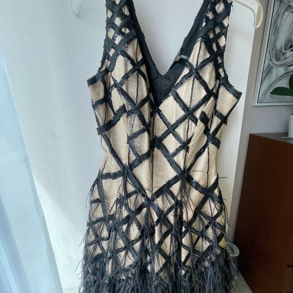 Elegant Black and Cream Dress with ostrich feathers.